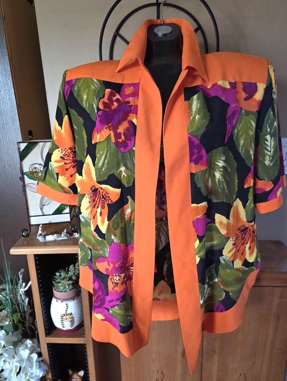 Vtg 70s 80s Vibrant Orange Floral Short Sleeve Open Front Jacket Size 12